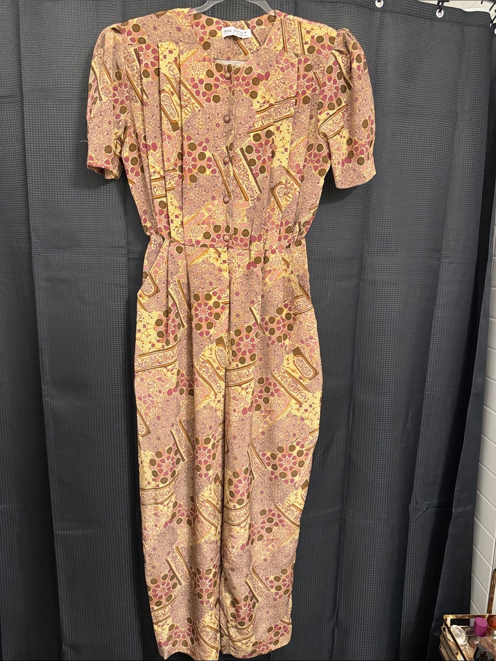 Vintage-Inspired Tan & Mauve Patterned Women’s jumpsuit